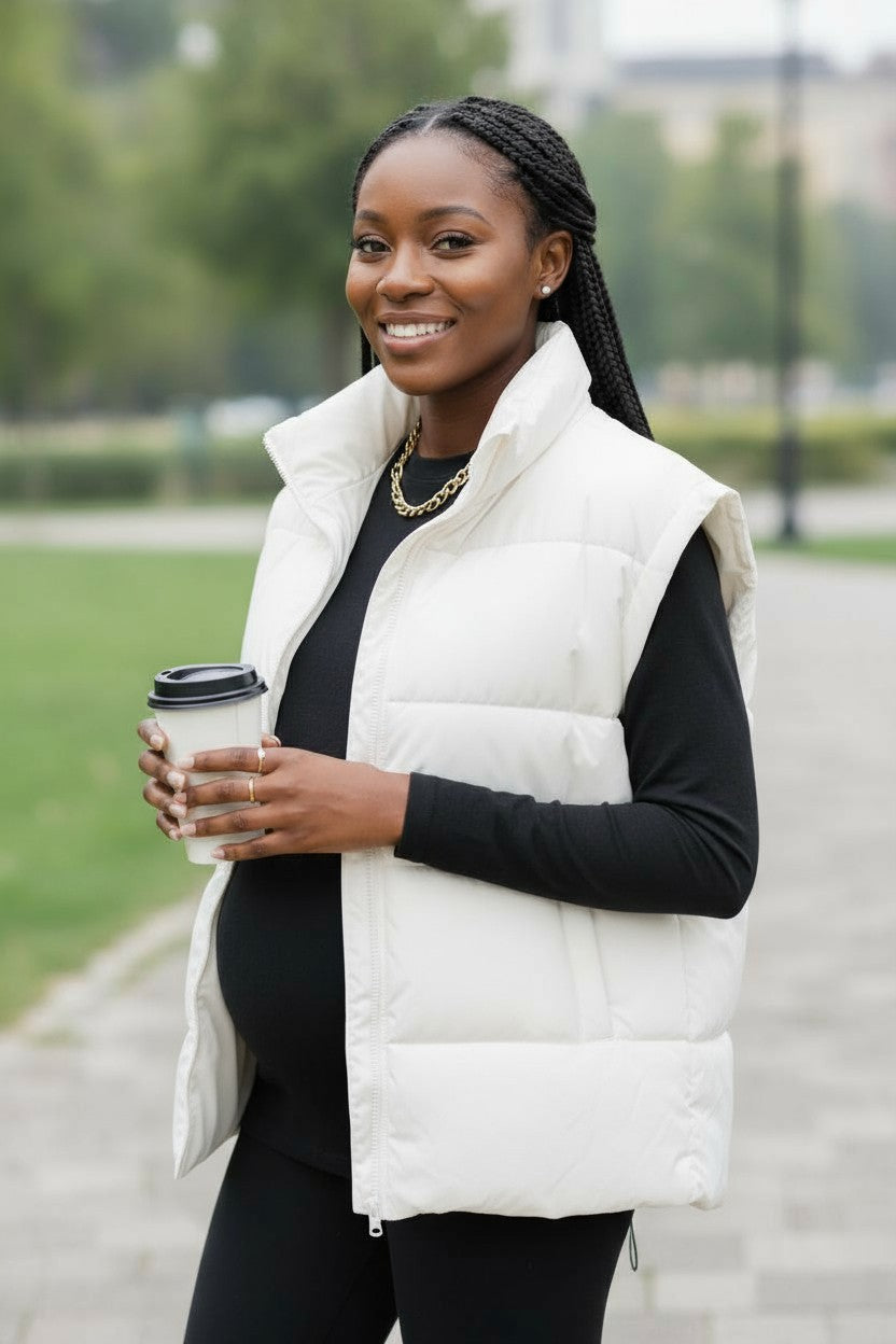 White Zip Up Puffer Vest Coat with Pockets