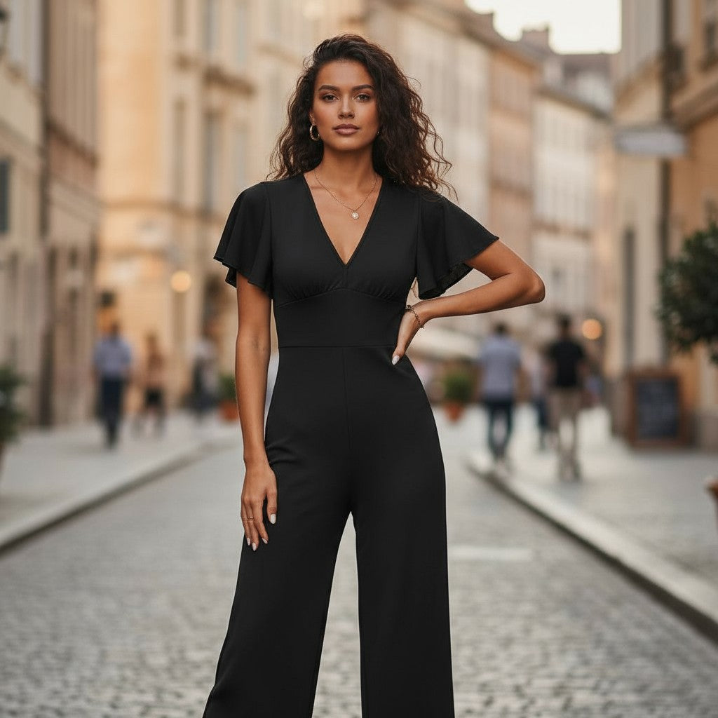 V-Neck Flutter Sleeve Jumpsuit