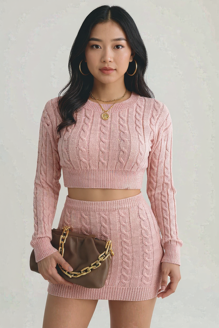 Cable-Knit Round Neck Top and Skirt Sweater Set